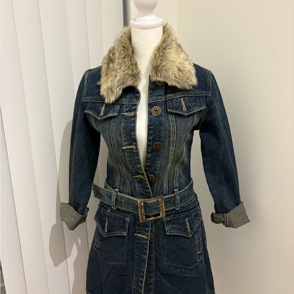 Denim Belted Dress with Faux Fur Collar